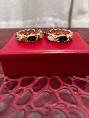 Gold Tone Hoop Earrings with Black and White Stones